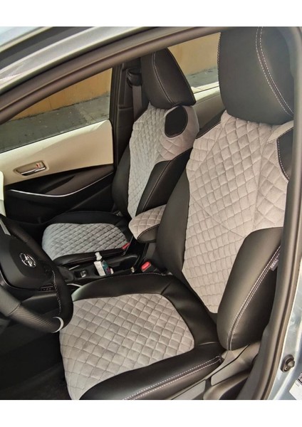 Toyota Corolla 2019 2022 Arası Uyumlu Gri Nakışlı Taytüyü Siyah Deri Karışımı Gri Ip