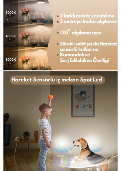 Şarj Edilebilir Kumandalı 3'lü Spot LED Işık Lamba Hareket Sensörlü Kabin Işığı 3 Renkli
