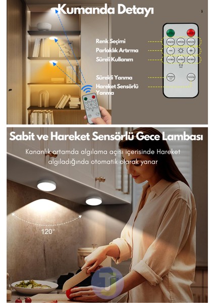 Şarj Edilebilir Kumandalı 3'lü Spot LED Işık Lamba Hareket Sensörlü Kabin Işığı 3 Renkli