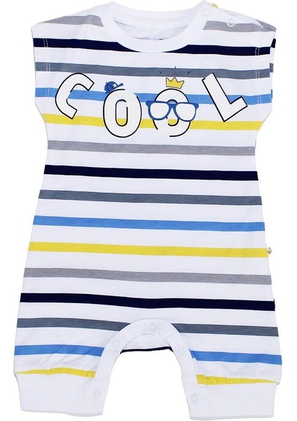 Erkek Bebek Sarı Mavi Çizgili Cool Yazılı Alttan Çıt Çıtlı Tulum
