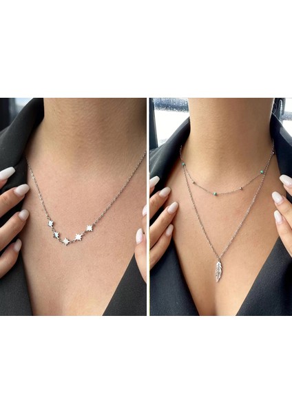 Yıldız Figürlü Çelik Kolye - Yaprak Figürlü Çelik Kolye (2 Adet Çelik Kolye)