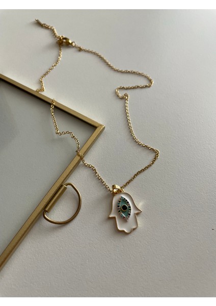 Renkli Taşlı Beyaz El Model Gold Çelik Kolye