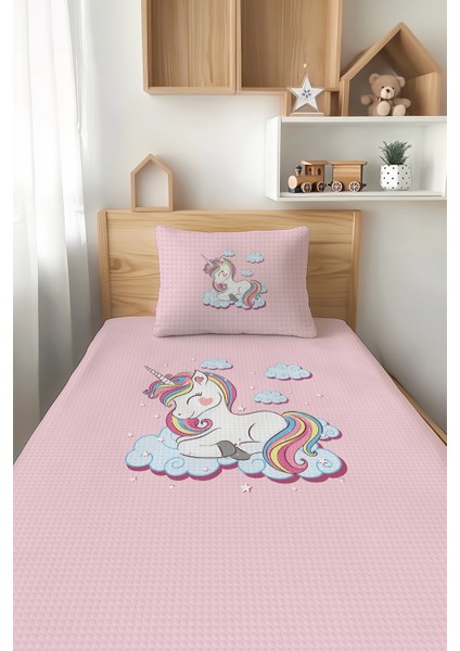 Pembe Unicorn Desenli Tek Kişilik Çocuk Pike Takımı Tlap-060