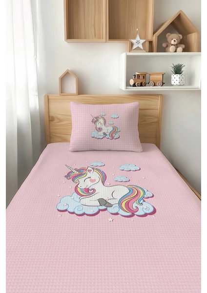 Talia Home Pembe Unicorn Desenli Tek Kişilik Çocuk Pike Takımı Tlap-060