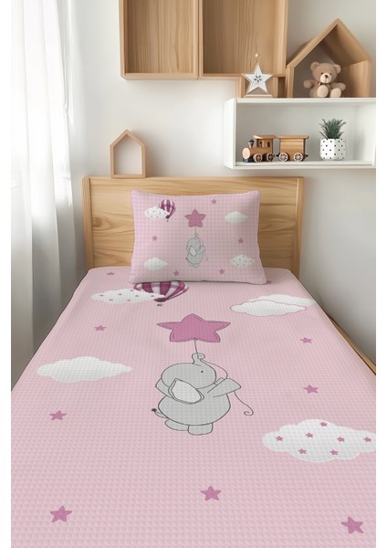 Pembe Yıldız Tutan Fil Desenli Tek Kişilik Çocuk Pike Takımı Tlap-075