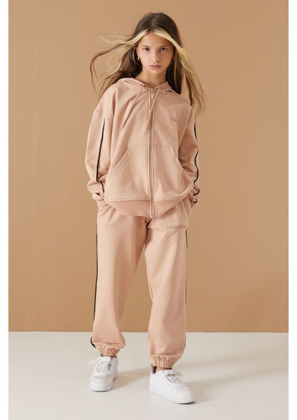 Bej Original Yazılı Hırkalı Kız Çocuk Eşofman Takımı 19488