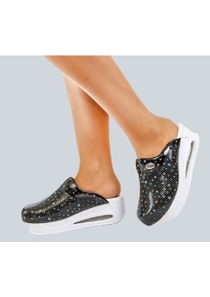 Siyah Benek Desenli Kadın Airmax Taban Tam Ortopedik Anatomik Hastane, Doktor, Hemşire, Aşçı Sabo Terlik
