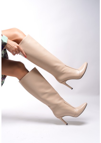 Hilnaril Kadın Deri Sivri Burun İnce Topuklu Diz Altı Şık Tasarım Çizme modelleri