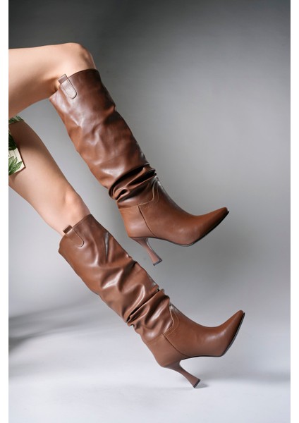 Kadın Vegan Deri Topuklu Çizme Şık Tasarım 00128511 Kışlık Günlük Kullanım