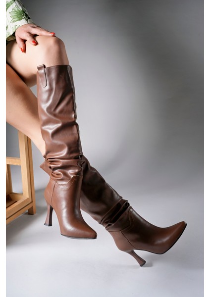 Kadın Vegan Deri Topuklu Çizme Şık Tasarım 00128511 Kışlık Günlük Kullanım fiyatları