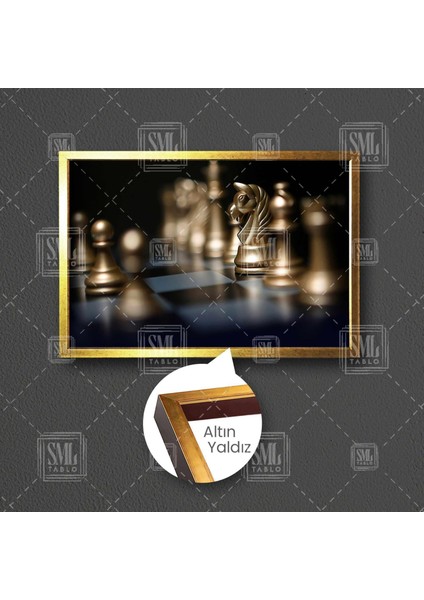 Gold Satranç Takımı Altın Rengi At Fil Ve Piyon Satranç Tahtası Çerçeveli Yatay Kanvas Tablo