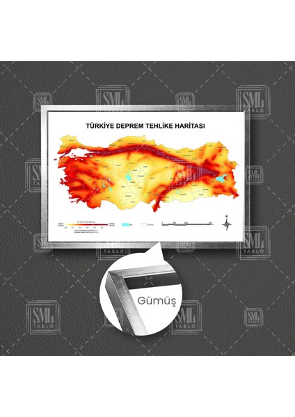 Türkiye Deprem Tehlike Haritası Fay Hattı Tektonik Hareket Çerçeveli Yatay Kanvas Tablo