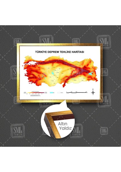 Türkiye Deprem Tehlike Haritası Fay Hattı Tektonik Hareket Çerçeveli Yatay Kanvas Tablo