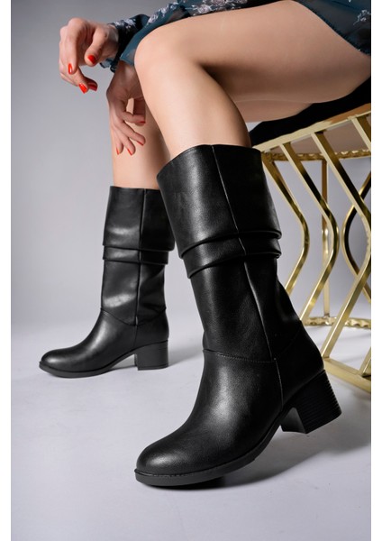 Ziecno Kadın Vegan Deri Çizme Kalın Topuklu Günlük Kullanıma Uygun Şık ve Rahat Tasarım