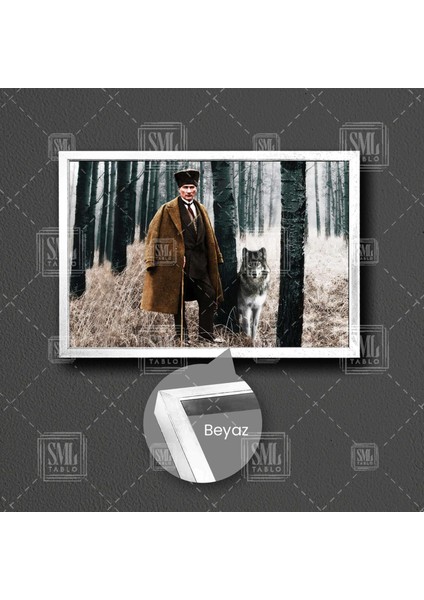 Mustafa Kemal Atatürk Ormanda Asil Kurt Çerçeveli Yatay Kanvas Tablo