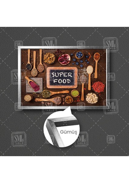 Yemek Baharatlar Mutfak Dekor Super Food Cafe Restorant Çerçeveli Yatay Kanvas Tablo