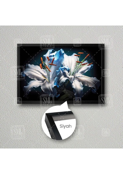 Mavi Detaylı Beyaz Lilyum Çiçeği Dekoratif Çerçeveli Yatay Kanvas Tablo