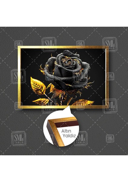 Gold Yapraklı Gül Dekoratif Çiçek Çerçeveli Yatay Kanvas Tablo