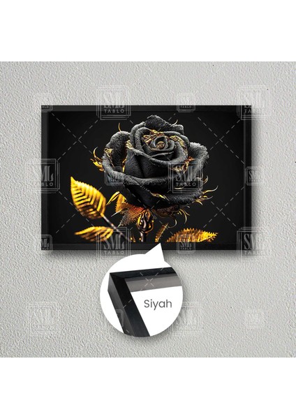 Gold Yapraklı Gül Dekoratif Çiçek Çerçeveli Yatay Kanvas Tablo