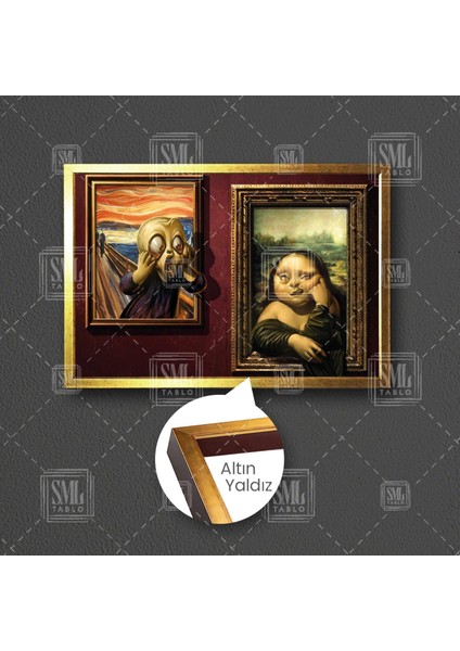 Mona Lisa Ve Çığlık Tablosu Komik Karikatürü Çerçeveli Yatay Kanvas Tablo