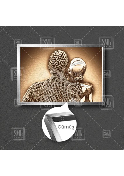 Metal Zincir Sepya Metalik Sarılan Romantik Çift Aşk Love Çerçeveli Yatay Kanvas Tablo