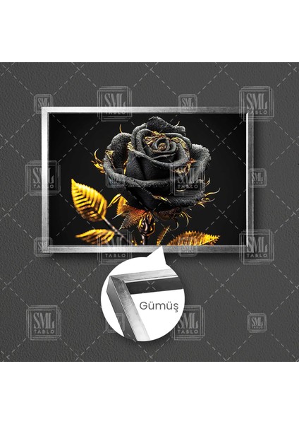 Gold Yapraklı Gül Dekoratif Çiçek Çerçeveli Yatay Kanvas Tablo