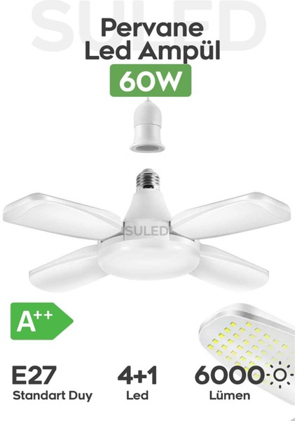 Pervane LED Ampül 60W 6000 Lümen Süper Güçlü E27 Lamba A++ Beyaz Işık 4+1