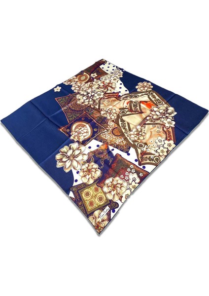 Lacivert Karma Çiçek Desenli Tivil İpek Eşarp 4210701 - 311