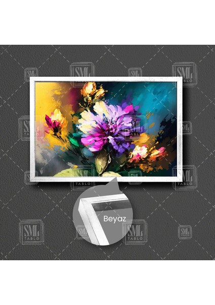 Çiçek Demeti Mor Krizantem Fırça Izleri Doğa Dekoratif Çerçeveli Yatay Kanvas Tablo