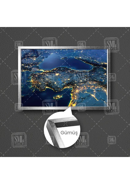 Türkiye Gece Uzaydan Görünüm Night View Şehir Işıkları Çerçeveli Yatay Kanvas Tablo