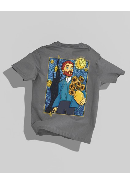 Van Gogh Yıldızlı Gece Tasarımı Sırt Baskılı Yüksek Kalite Kompakt Oversize T-Shirt