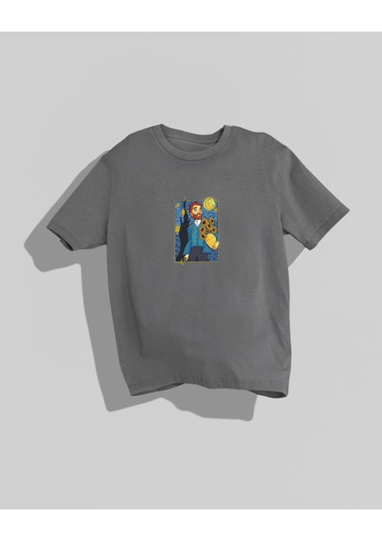 Van Gogh Yıldızlı Gece Tasarımı Sırt Baskılı Yüksek Kalite Kompakt Oversize T-Shirt