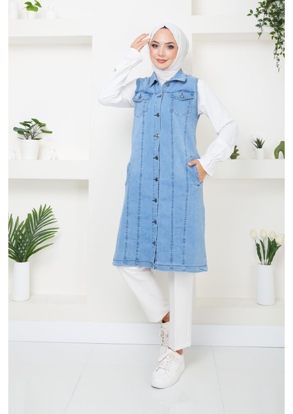 Pamuk Butik Kadın Mavi Denim Tam Boy Kot Yelek