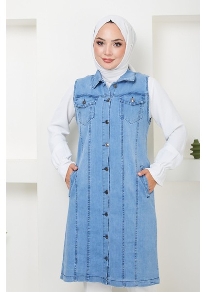 Kadın Mavi Denim Tam Boy Kot Yelek