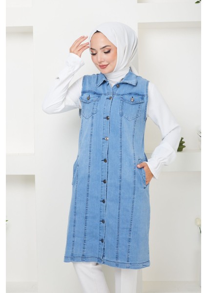 Kadın Mavi Denim Tam Boy Kot Yelek