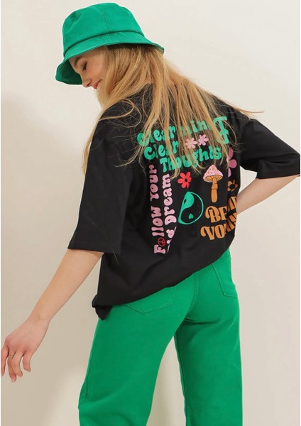 Büyük Beden Özel Tasarım Follow Your Çevreci Sırt Baskılı Oversize Battal Kadın T-Shırt
