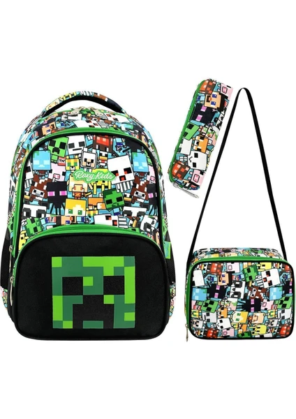 Back To School Mine Creeper 3'lü Set Ilkokul Çantası, Termal Beslenme Çantası ve Kalem Kutusu Seti