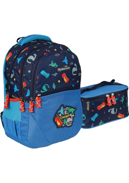 Back To School RLX-1350 Erkek Çocuk Beslenmeli Ilk Okul Çantası Araba ve Dinazor Desenli Mavi Mavi