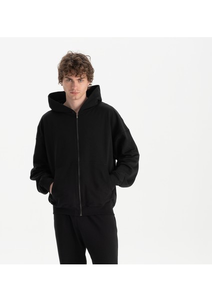 Erkek Siyah %100 Organik Pamuk Kanguru Cepli Fermuarlı Kapüşonlu Oversize Sweatshirt