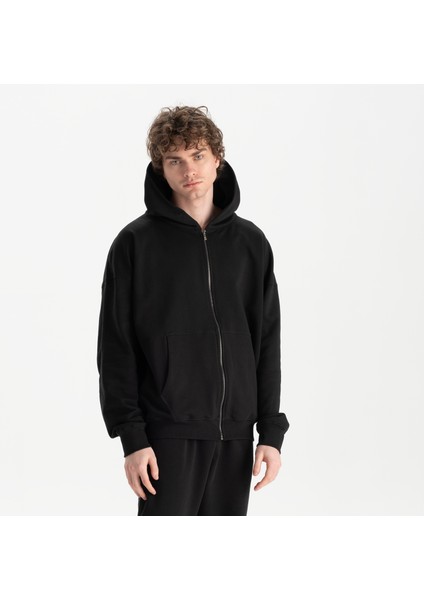 Erkek Siyah %100 Organik Pamuk Kanguru Cepli Fermuarlı Kapüşonlu Oversize Sweatshirt