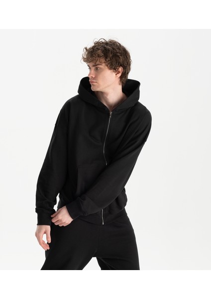 Erkek Siyah %100 Organik Pamuk Kanguru Cepli Fermuarlı Kapüşonlu Oversize Sweatshirt