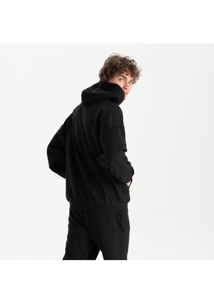 Erkek Siyah %100 Organik Pamuk Kanguru Cepli Fermuarlı Kapüşonlu Oversize Sweatshirt