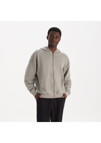 Erkek Gri %100 Organik Pamuk Kanguru Cepli Fermuarlı Kapüşonlu Oversize Sweatshirt