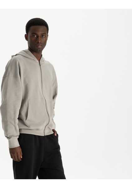 Erkek Gri %100 Organik Pamuk Kanguru Cepli Fermuarlı Kapüşonlu Oversize Sweatshirt