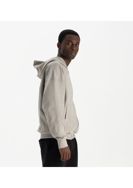 Erkek Gri %100 Organik Pamuk Kanguru Cepli Fermuarlı Kapüşonlu Oversize Sweatshirt