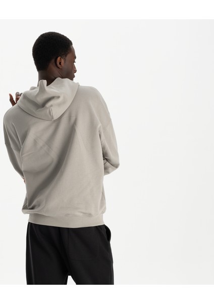 Erkek Gri %100 Organik Pamuk Kanguru Cepli Fermuarlı Kapüşonlu Oversize Sweatshirt