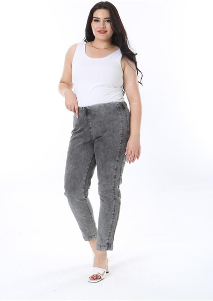 Kadın Büyük Beden Füme Yıkama Efektli Beli Lastikli Kot Tayt Pantolon 65N38269