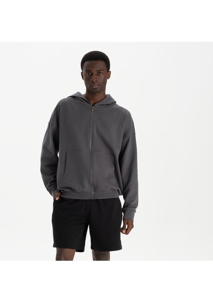 Erkek Füme %100 Organik Pamuk Kanguru Cepli Fermuarlı Kapüşonlu Oversize Sweatshirt
