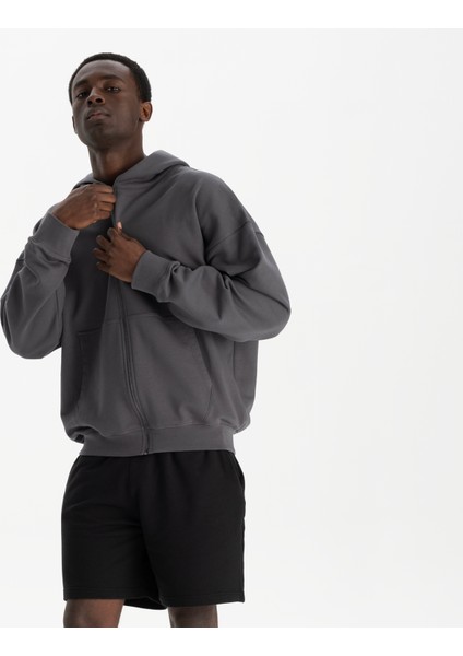 Erkek Füme %100 Organik Pamuk Kanguru Cepli Fermuarlı Kapüşonlu Oversize Sweatshirt fiyatları