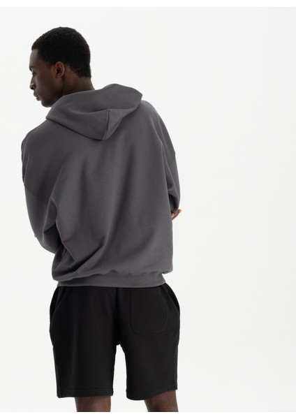 Erkek Füme %100 Organik Pamuk Kanguru Cepli Fermuarlı Kapüşonlu Oversize Sweatshirt fırsatları